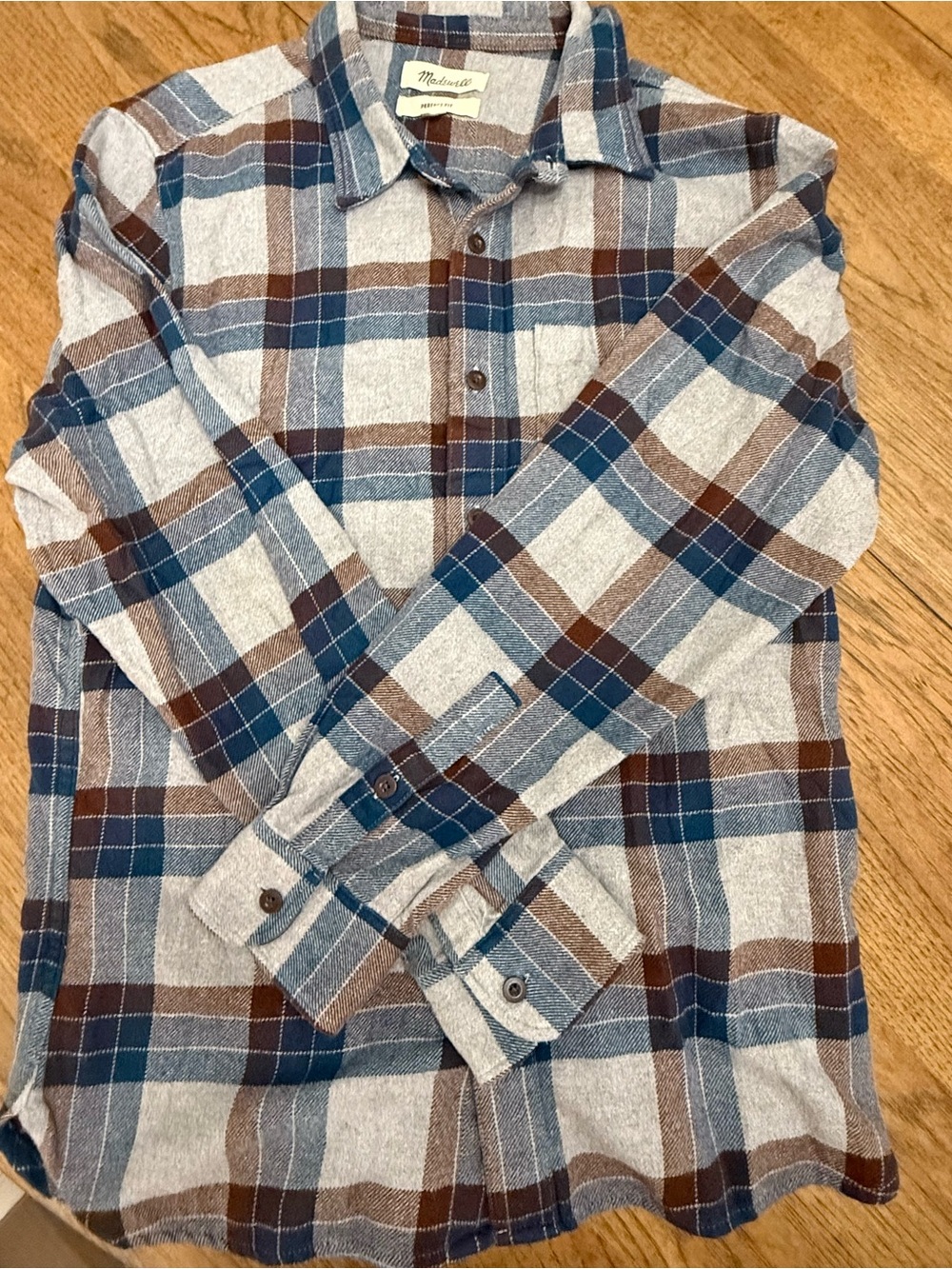 Madewell Men's Blue, Brown & Cream Plaid Button-Down Shirt